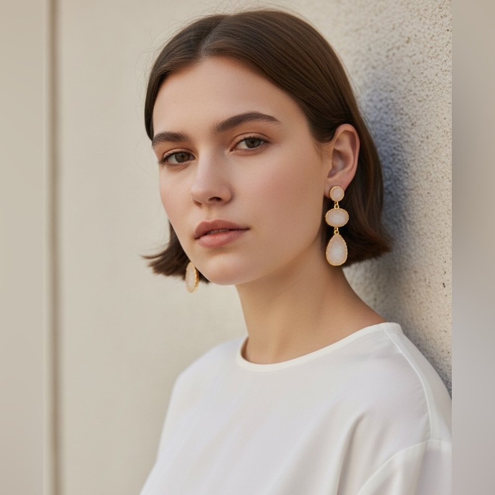 White Stone & Gold Earrings